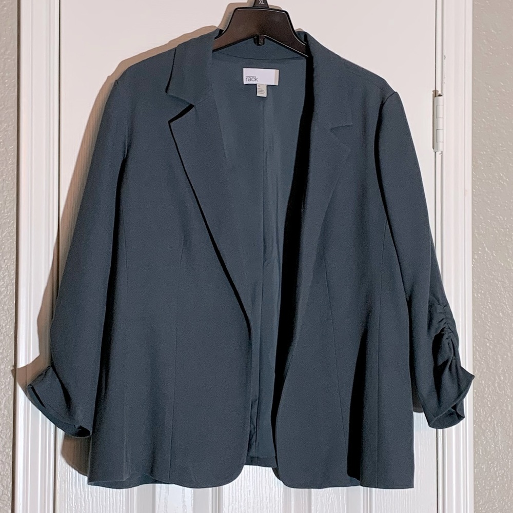 Nordstrom Rack Steel Blue Ruched Sleeve Open Front Blazer